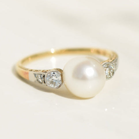 Jugendstil-Perlenring aus 14K Gelbgold – mit Altschliff-Diamanten & Gravur