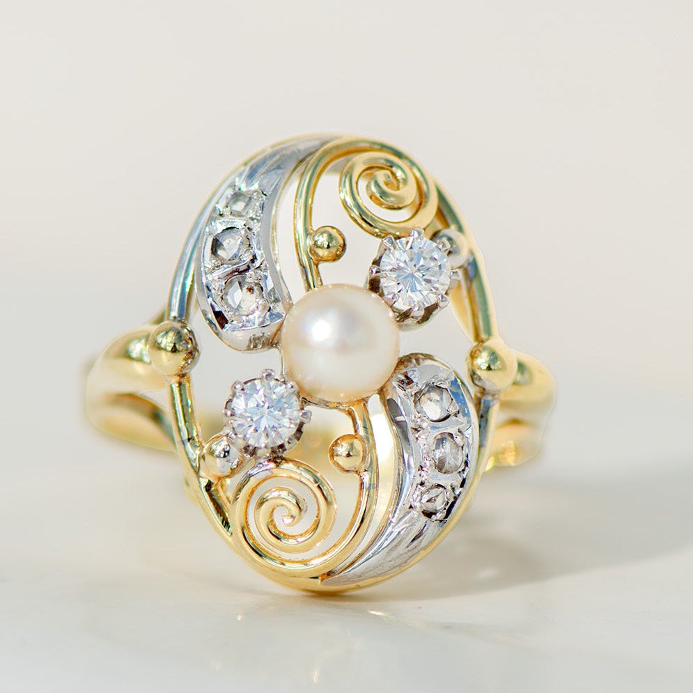Antiker Jugendstil-Ring mit Perle & Diamanten aus 585er Gelb-Weißgold