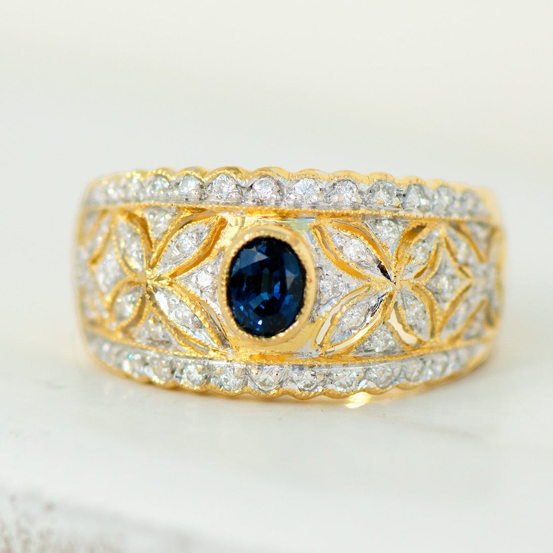 Eleganter Saphir-Diamant-Ring aus 18K Gold | Vintage Luxus