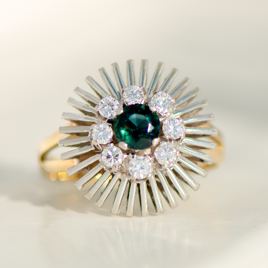 Vintage-Ring aus 14K Gelbgold & Weißgold mit Saphir und Diamanten