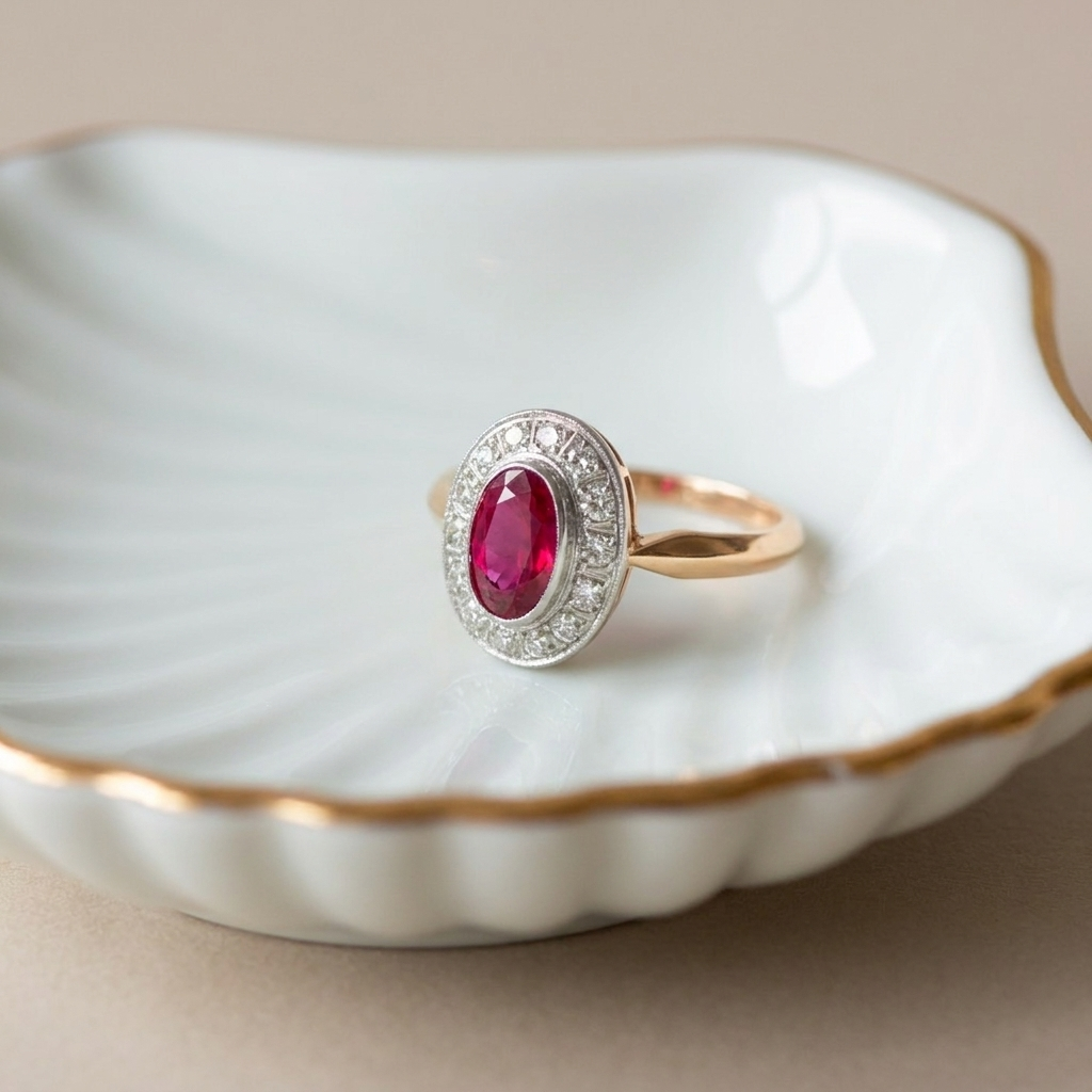 Antiker Rubin-Entourage-Ring mit Altschliffdiamanten