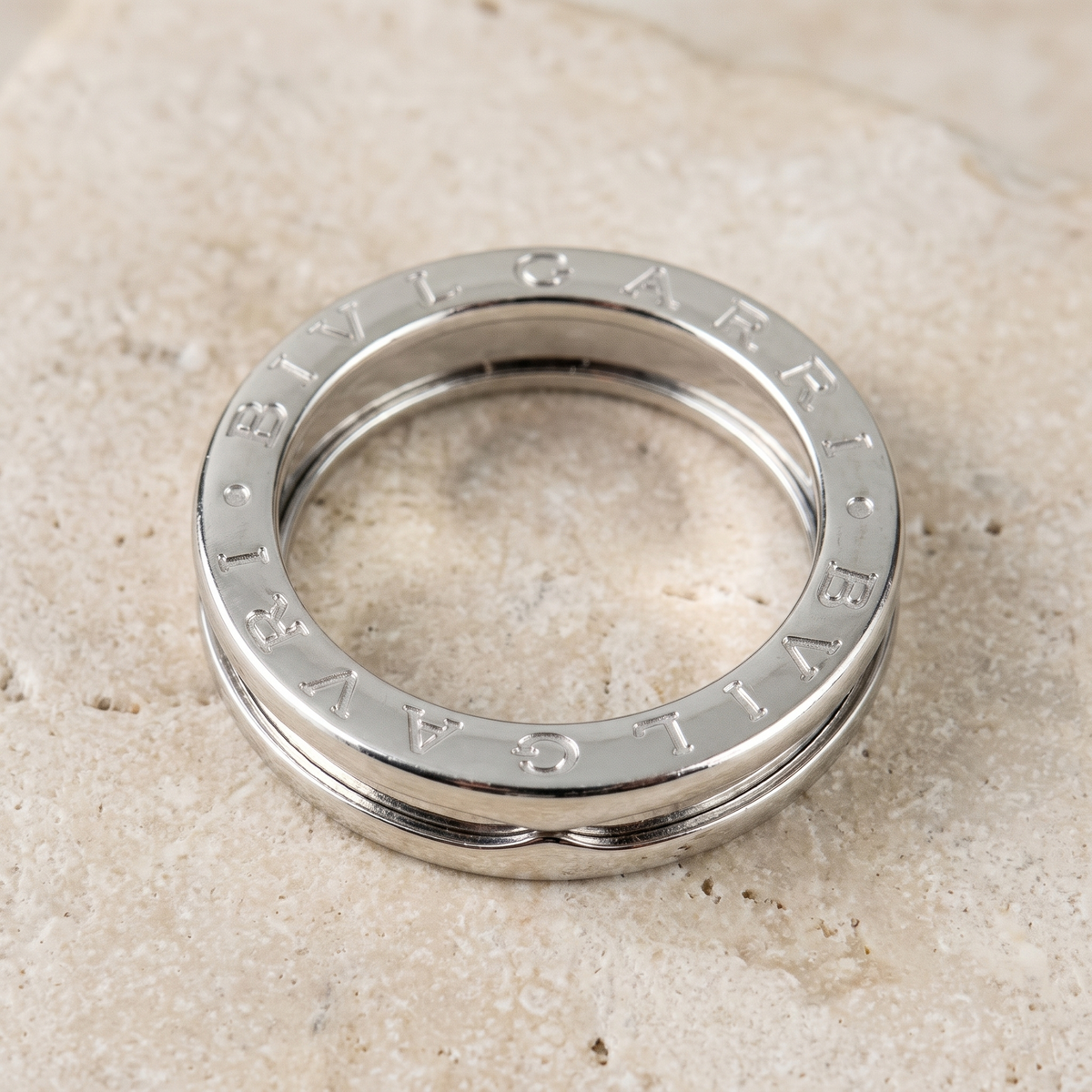 Top view of Bulgari B Zero 1 two-band white gold ring showing concentric design