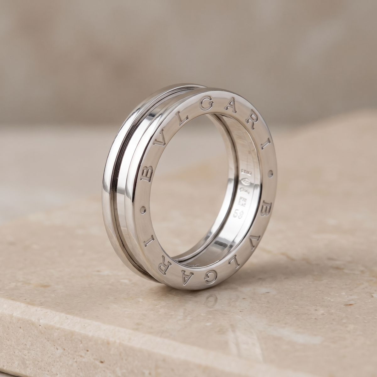Bulgari B Zero 1 white gold ring with engraved logo and stacked bands