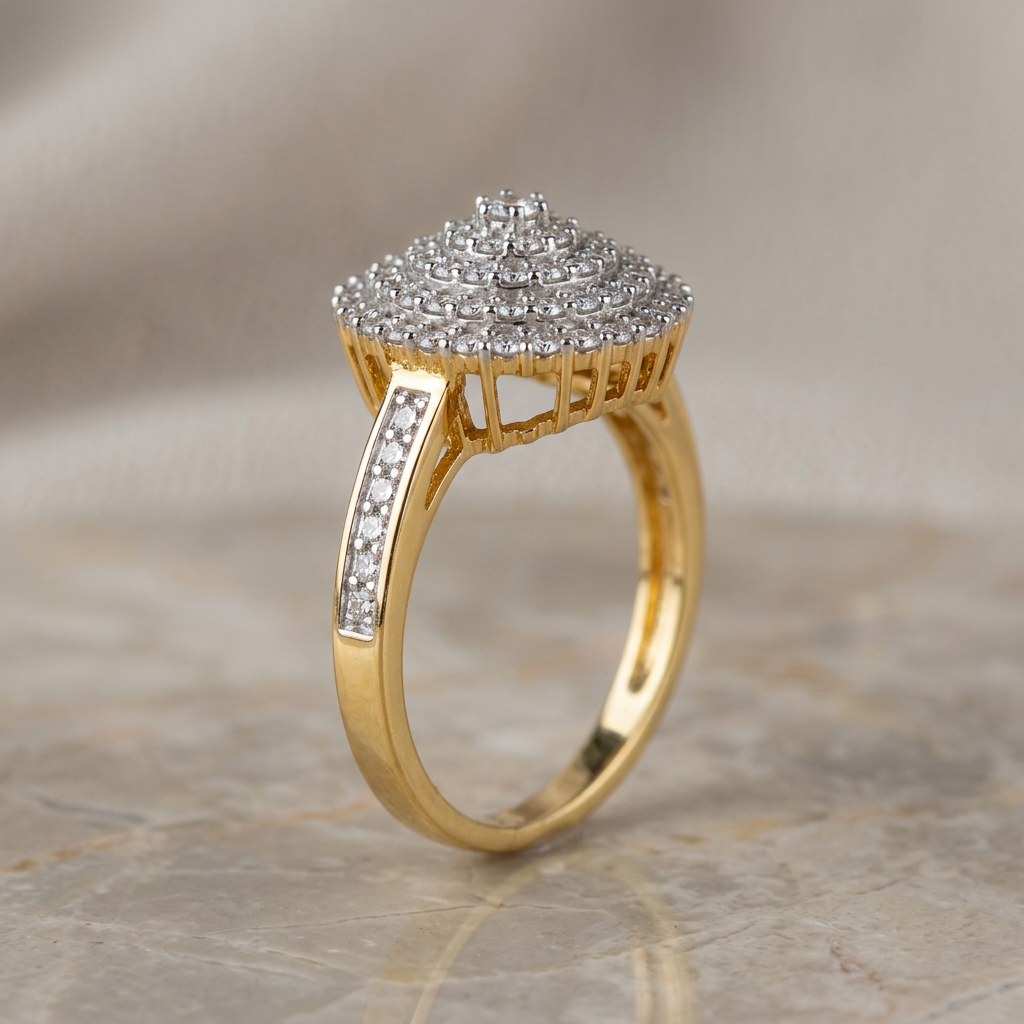 Upright side view of 585 yellow gold diamond ring emphasizing height and openwork settings