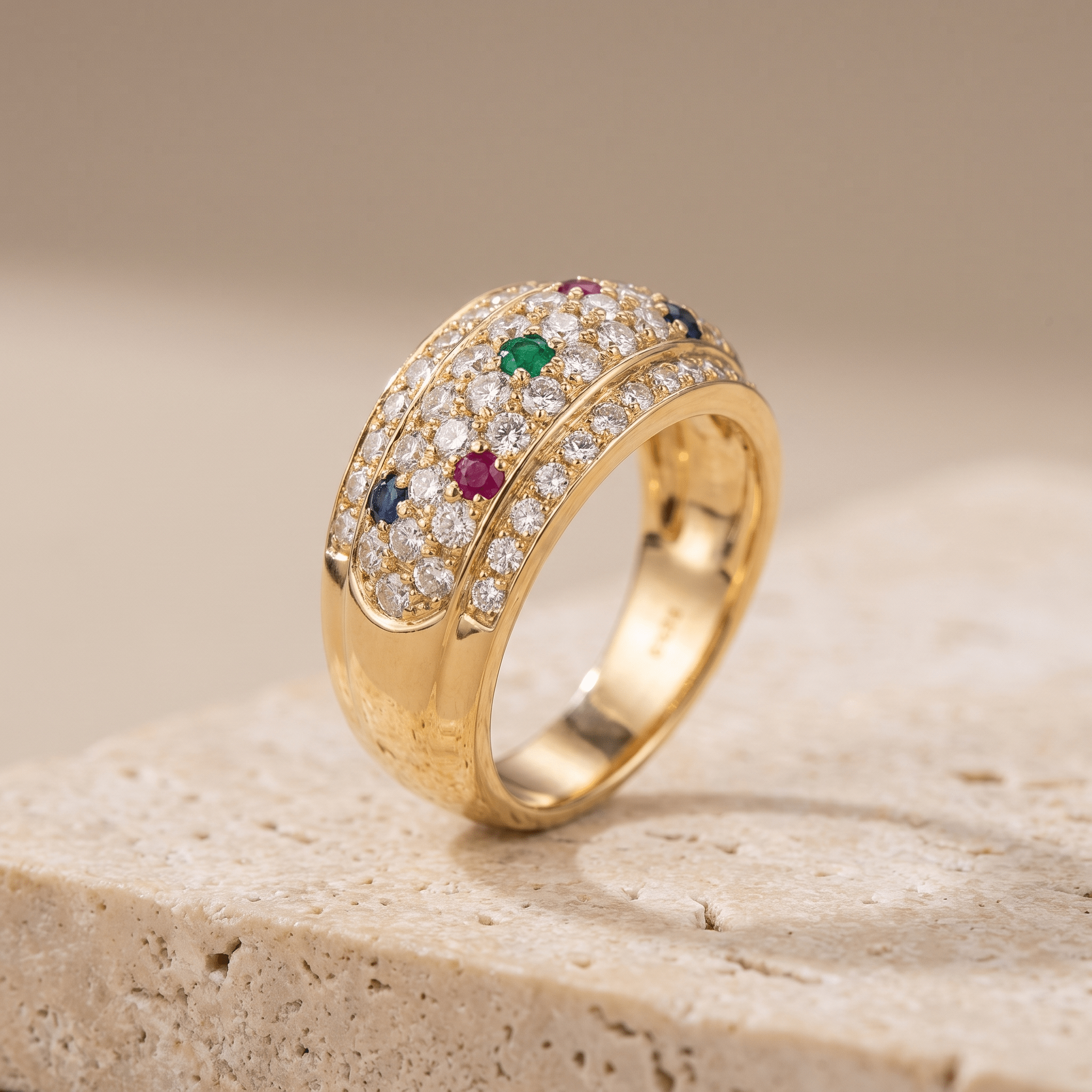 Diamantring aus 750 Gelbgold mit Rubin Saphir und Smaragd - Honey Jewelry