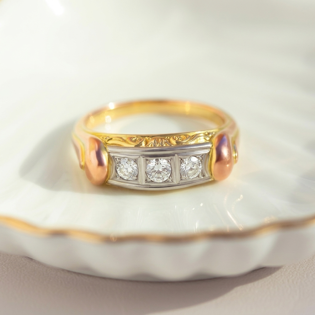 Edwardian style 14k tri-color gold ring featuring three round diamonds set in white gold with ornate scrollwork on yellow gold