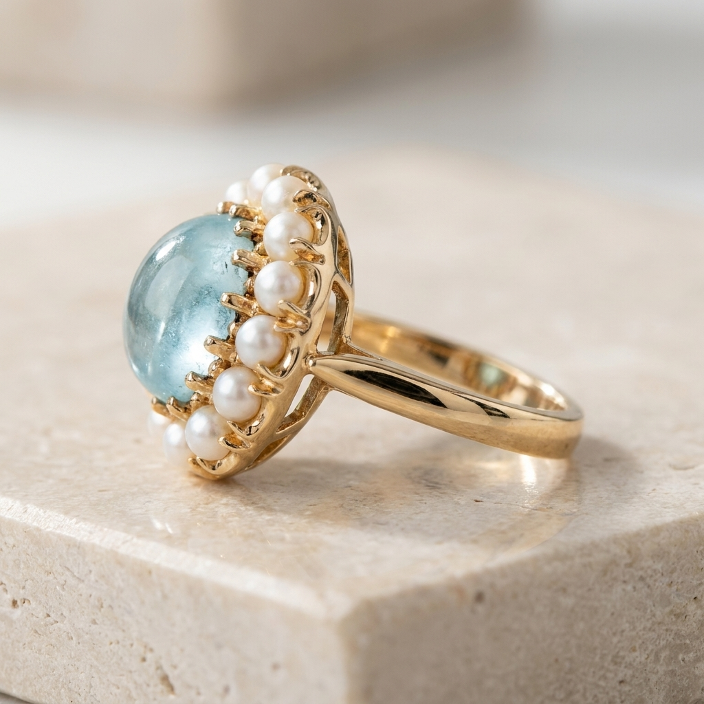 Extravagant vintage ring with aquamarine & pearls made of 585 gold