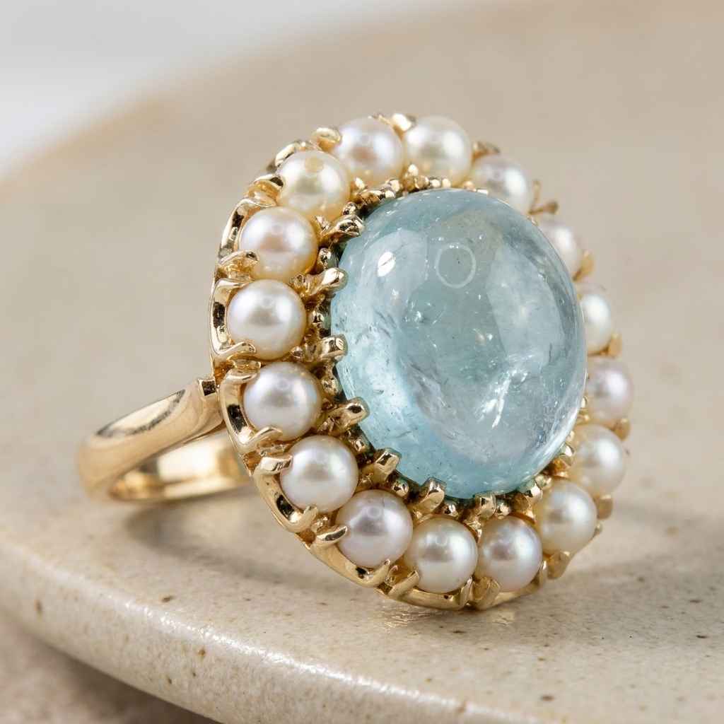 Extravagant vintage ring with aquamarine & pearls made of 585 gold