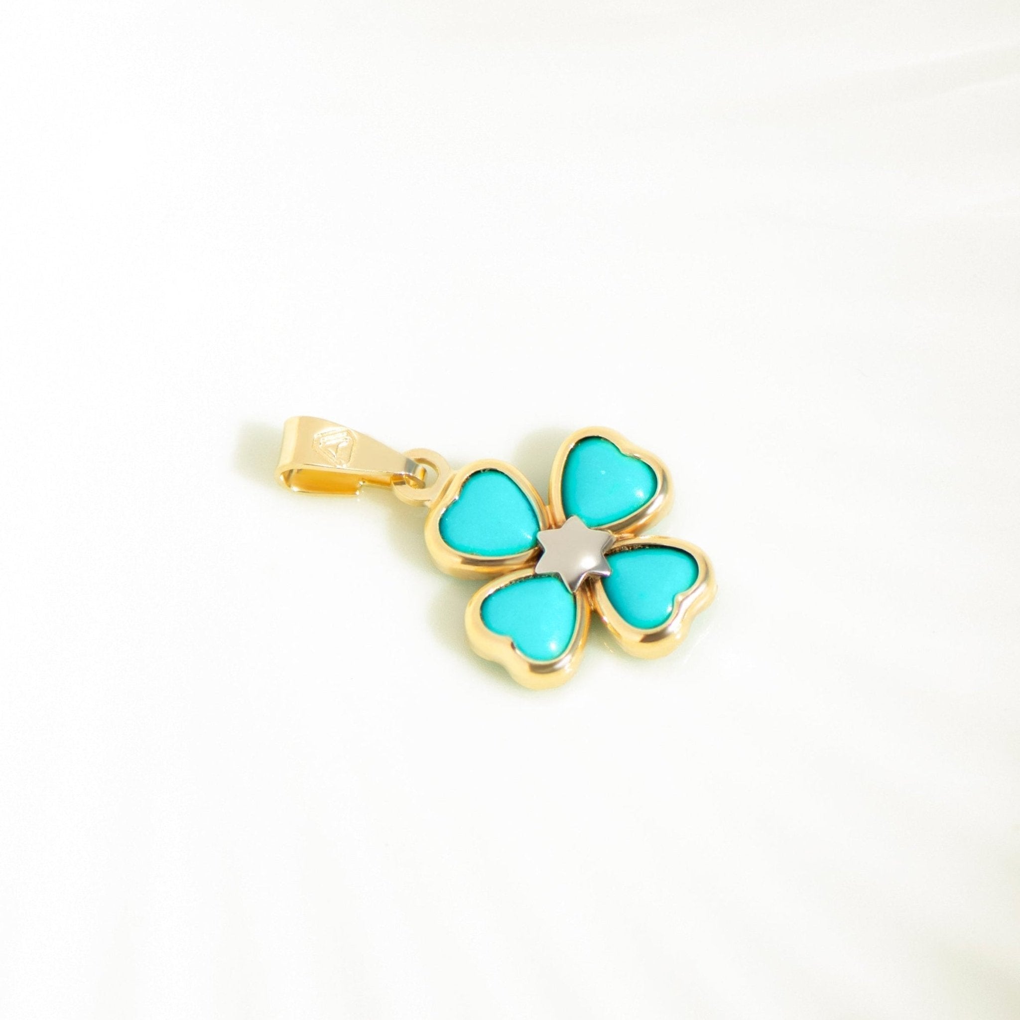 Kleeblatt Anhänger aus 585er Gelbgold – Türkis Schmuck Vintage Stil - Honey Jewelry