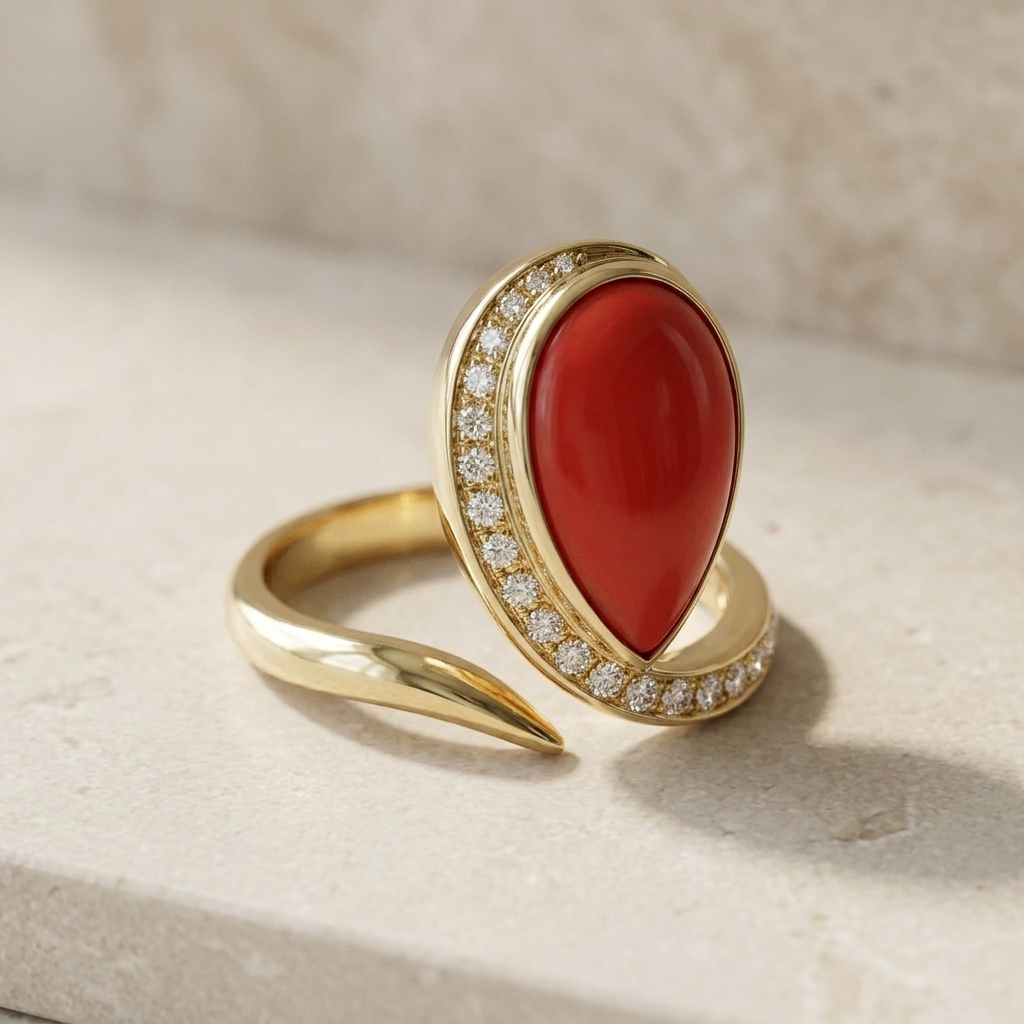 Ring 18 karat gold with coral and brilliant