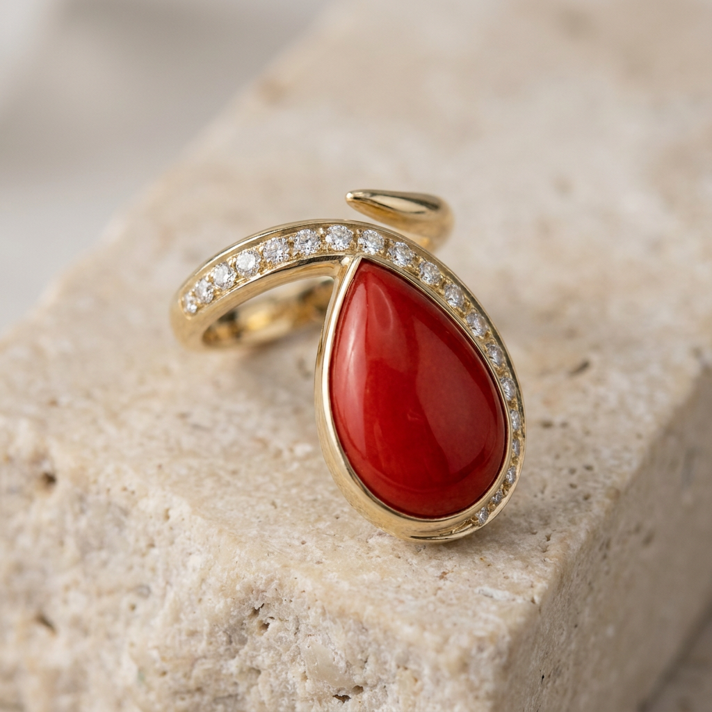 Ring 18 karat gold with coral and brilliant