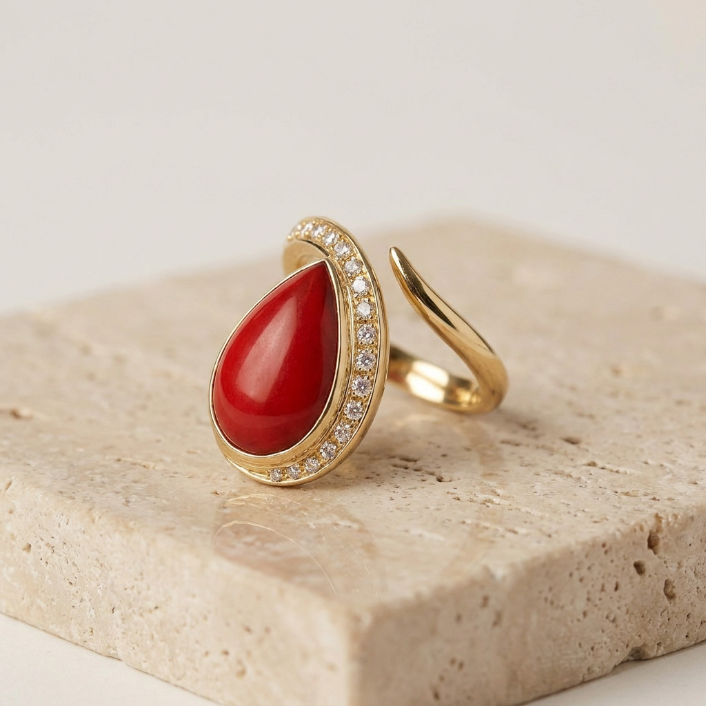 Ring 18 karat gold with coral and brilliant
