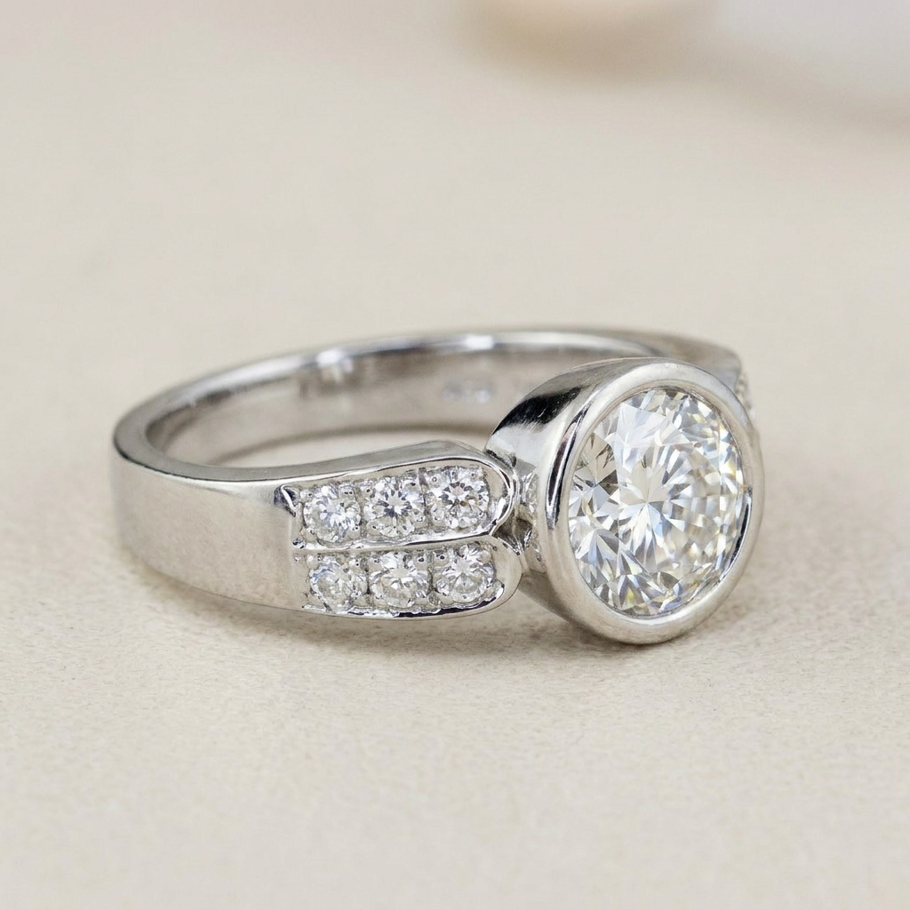 Luxurious halo ring made of white gold with a large solitaire