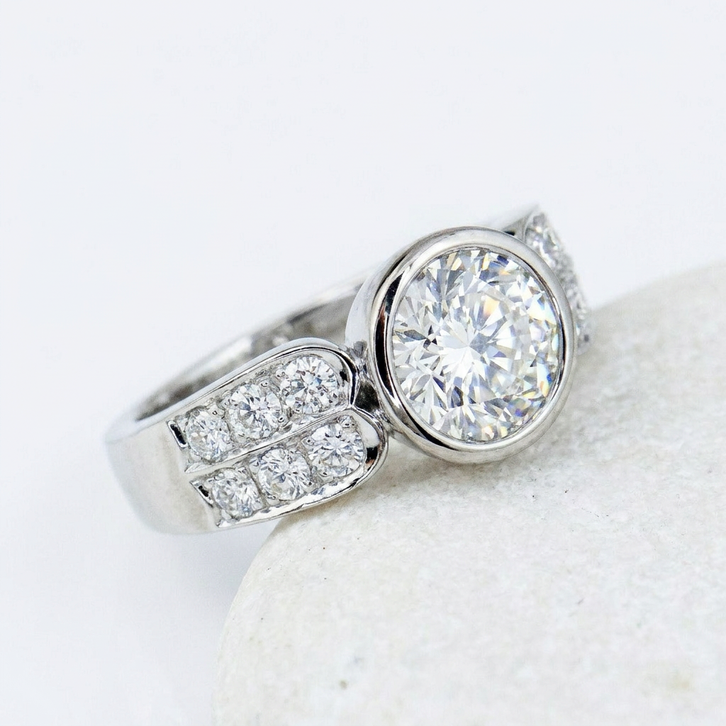 Luxurious halo ring made of white gold with a large solitaire