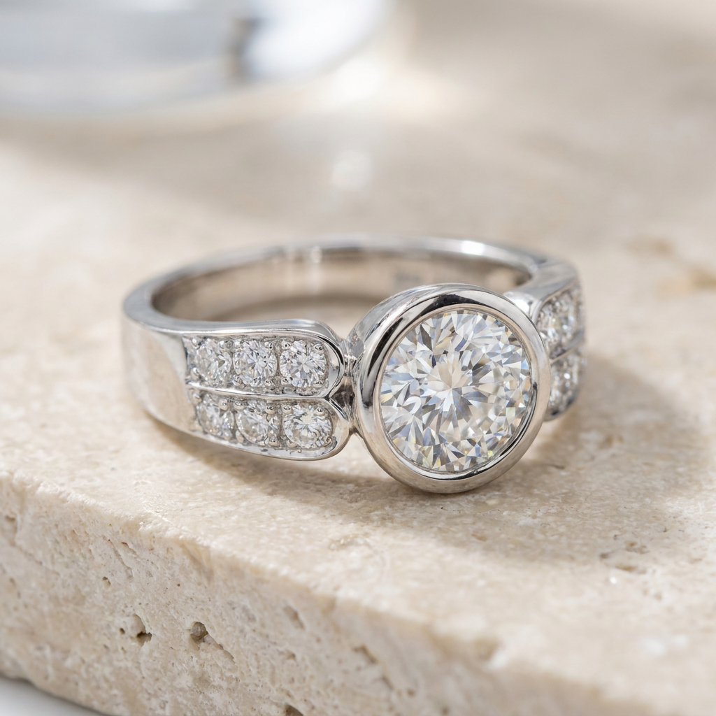 Luxurious halo ring made of white gold with a large solitaire
