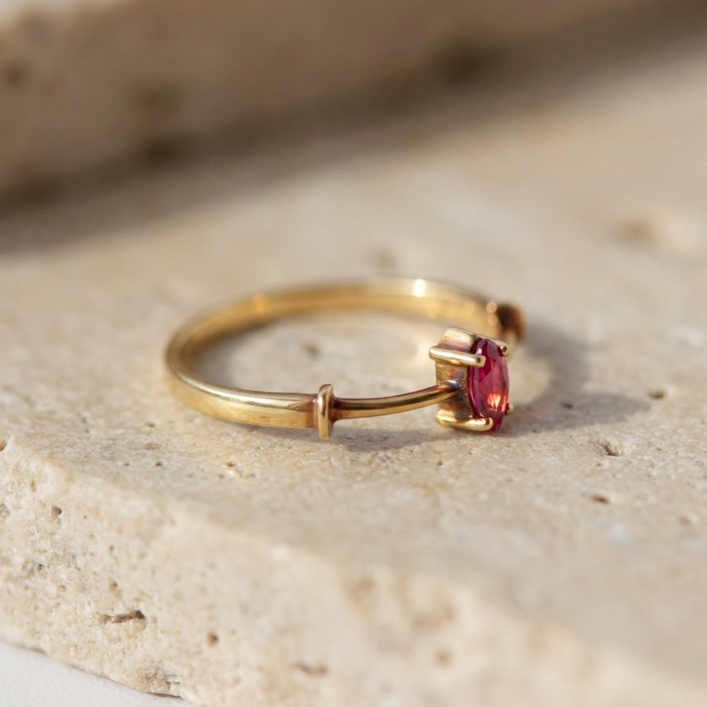 Mid-Century Rubin-Navette-Ring aus 585er Gelbgold