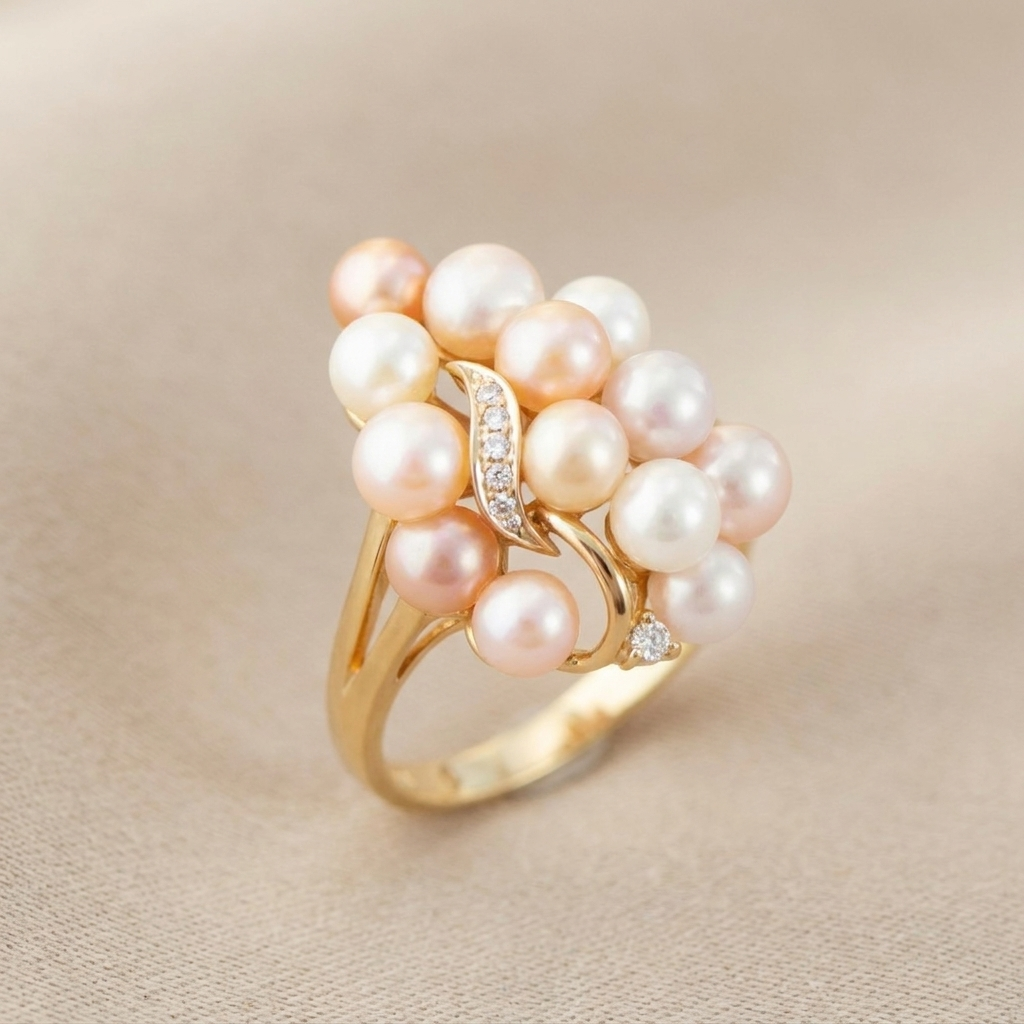 Organic style 14 karat gold cocktail ring with pink peach and white pearl grapes