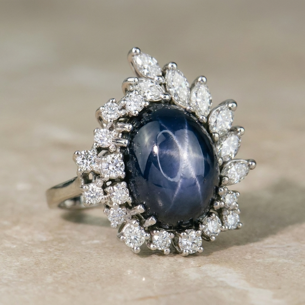 Sternsaphirring mit Diamantkranz