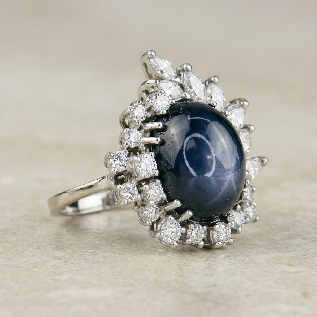 Sternsaphirring mit Diamantkranz