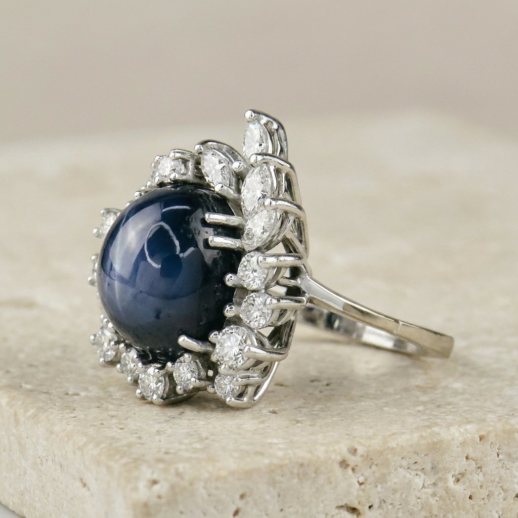 Sternsaphirring mit Diamantkranz