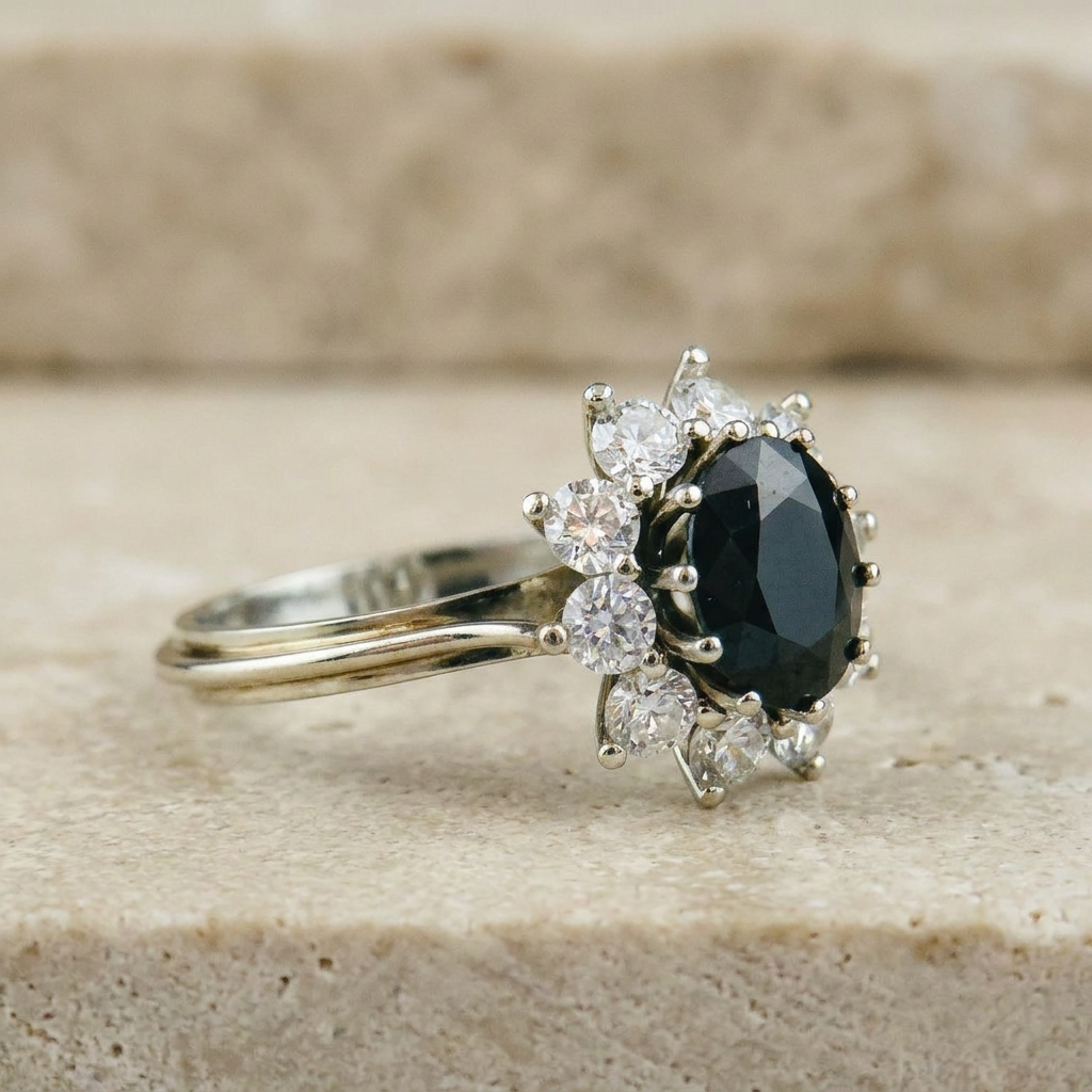 White gold ring with brilliant and sapphires