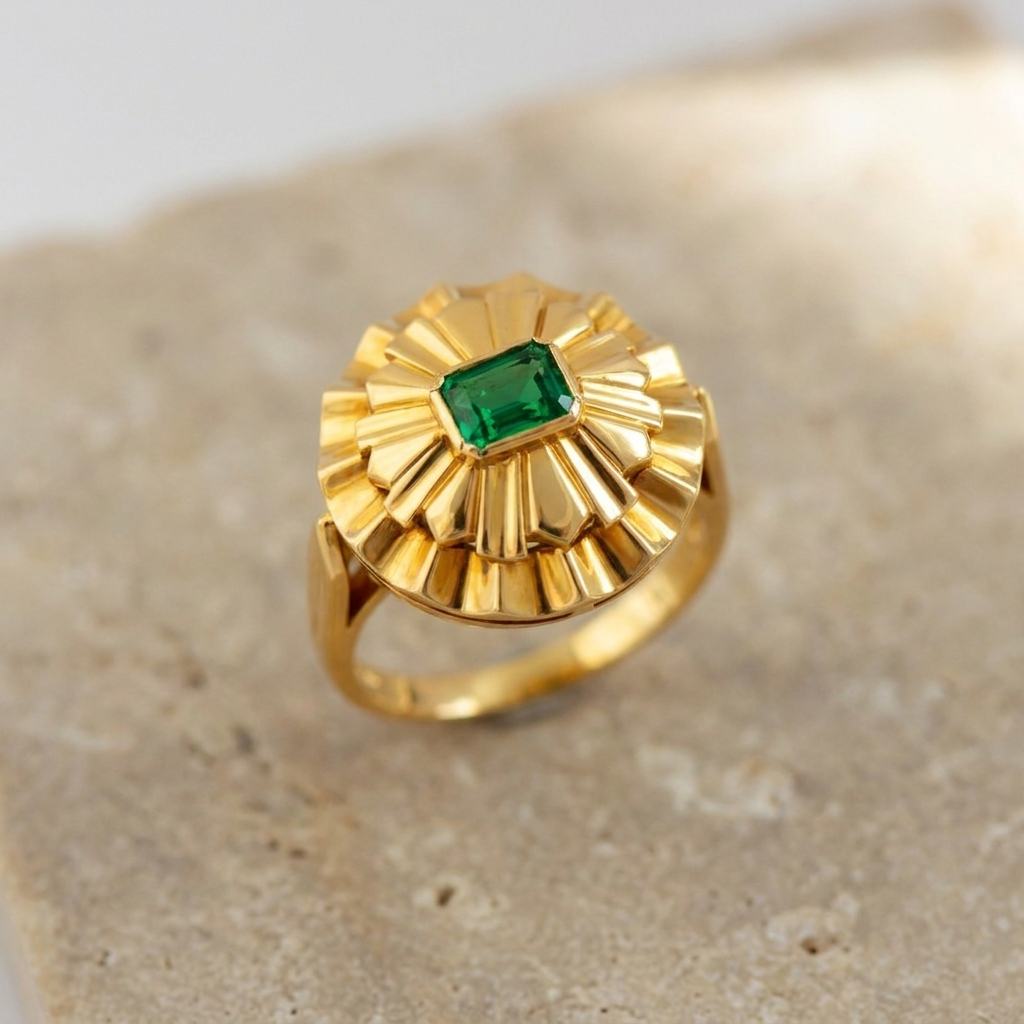 Smaragd-Ring mit skulpturalem Ringkopf aus 750er Gelbgold