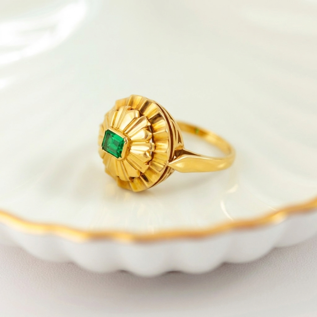 Smaragd-Ring mit skulpturalem Ringkopf aus 750er Gelbgold