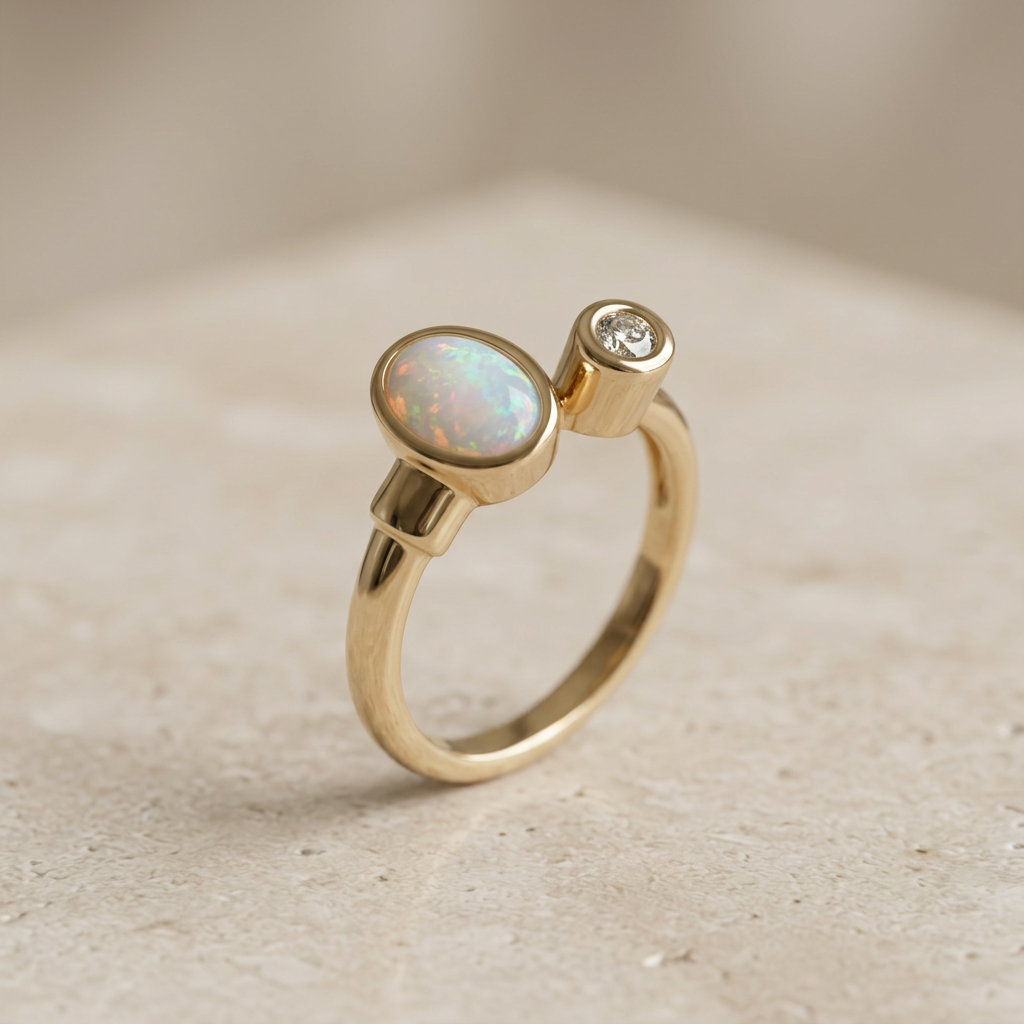 Modernist 14k gold two-stone ring featuring opal play-of-color and diamond bezel detail