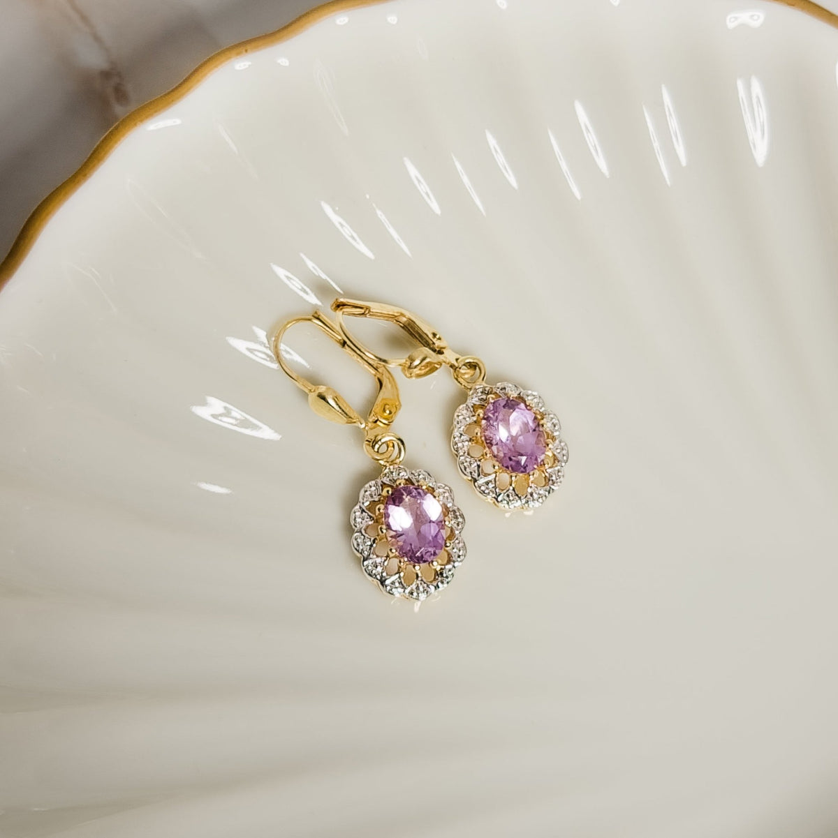 Tolle Vintage - Gold Ohrringe mit Amethyst – Verführerisch Violett - Honey Jewelry