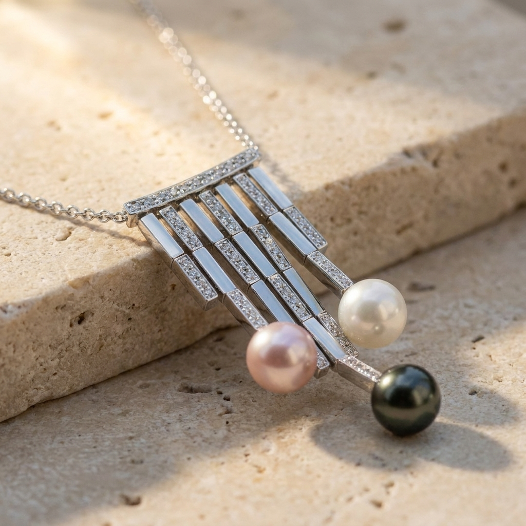 Asymmetrical white gold diamond pendant featuring mixed pearl drops