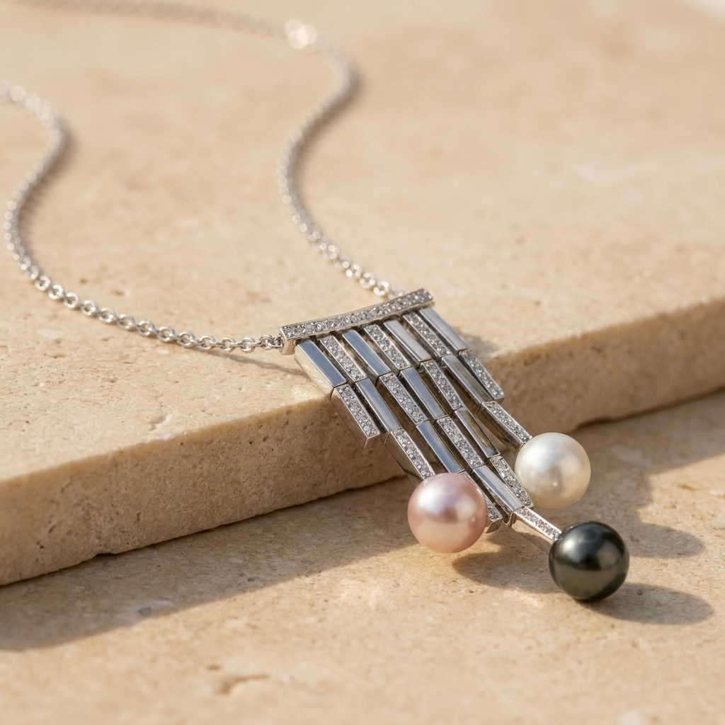 White gold diamond pendant with three pearls on stone surface