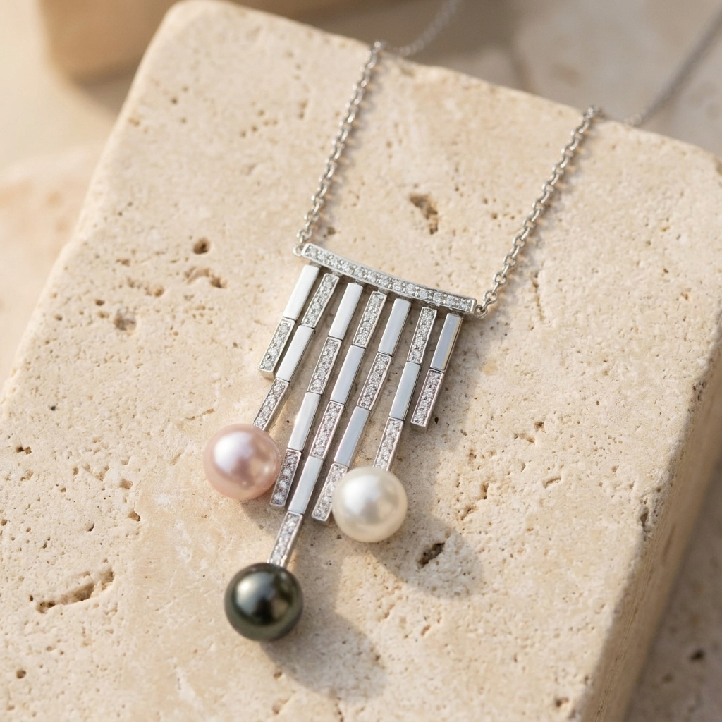 Stepped white gold diamond necklace with multi-colored pearl accents