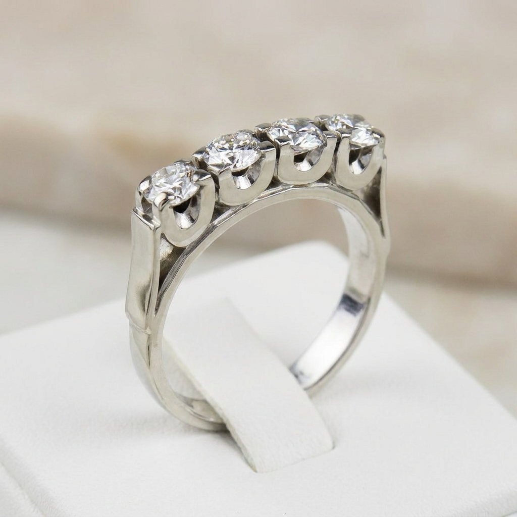 Fantastic half-memory ring made of 14 carat white gold with 4 diamonds