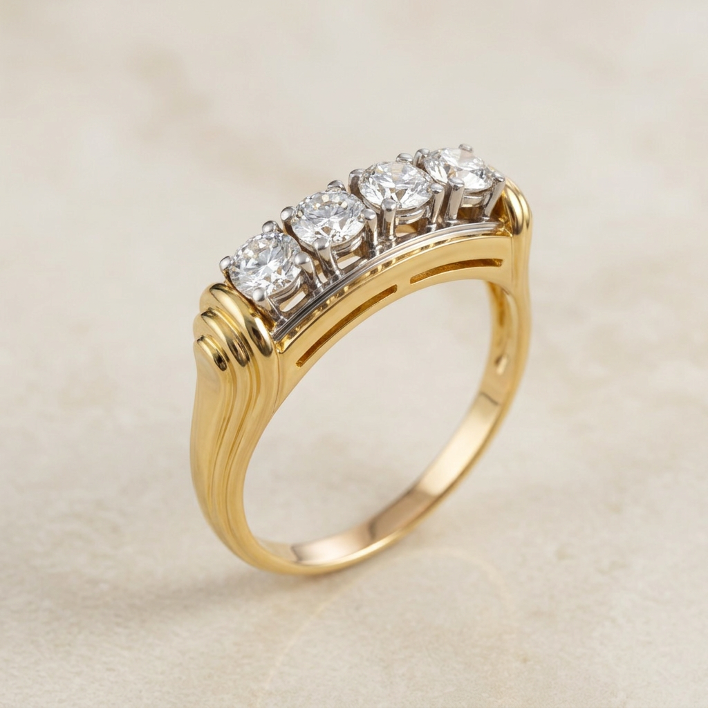 Side view of 18k yellow gold diamond ring with wide textured band