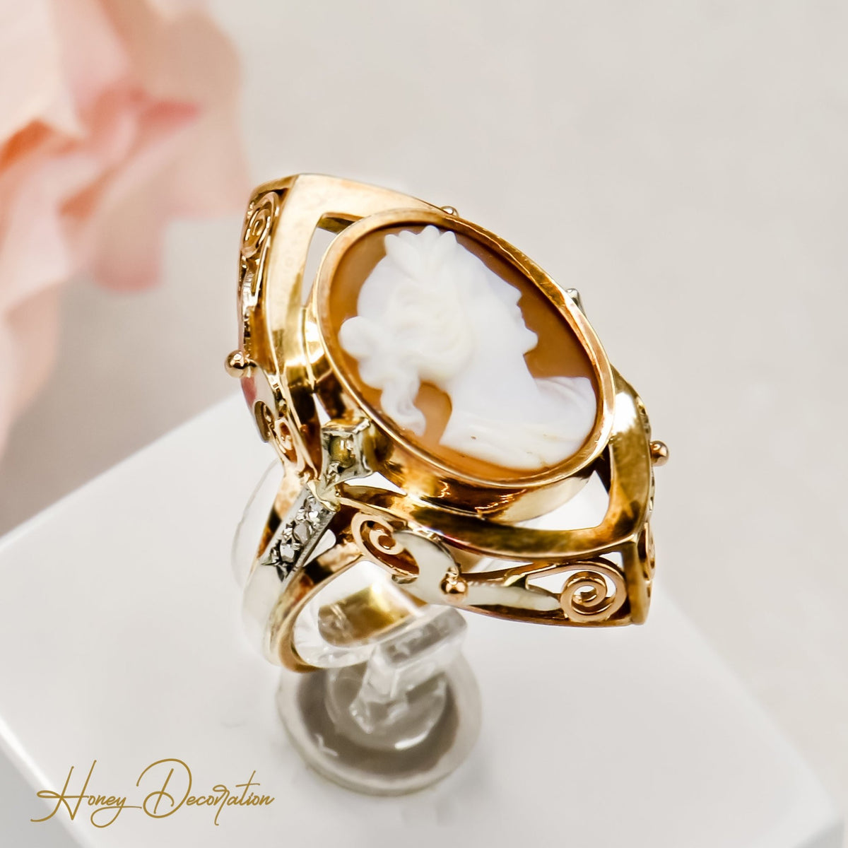 Viktorianischer 585er Gold Gemmenring mit Diamantrosen und Platinverzierung - Honey Jewelry
