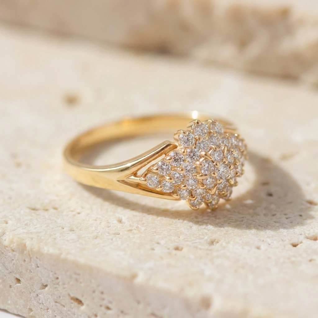 Vintage Cluster-Ring 14K Gold mit 38 Zirkonia