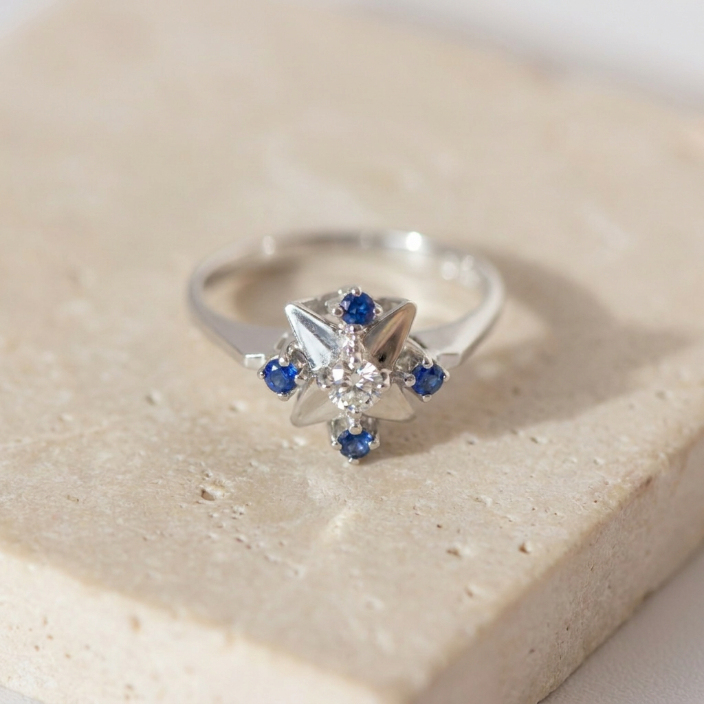 Vintage Saphir-Diamant-Ring aus 585er Weißgold