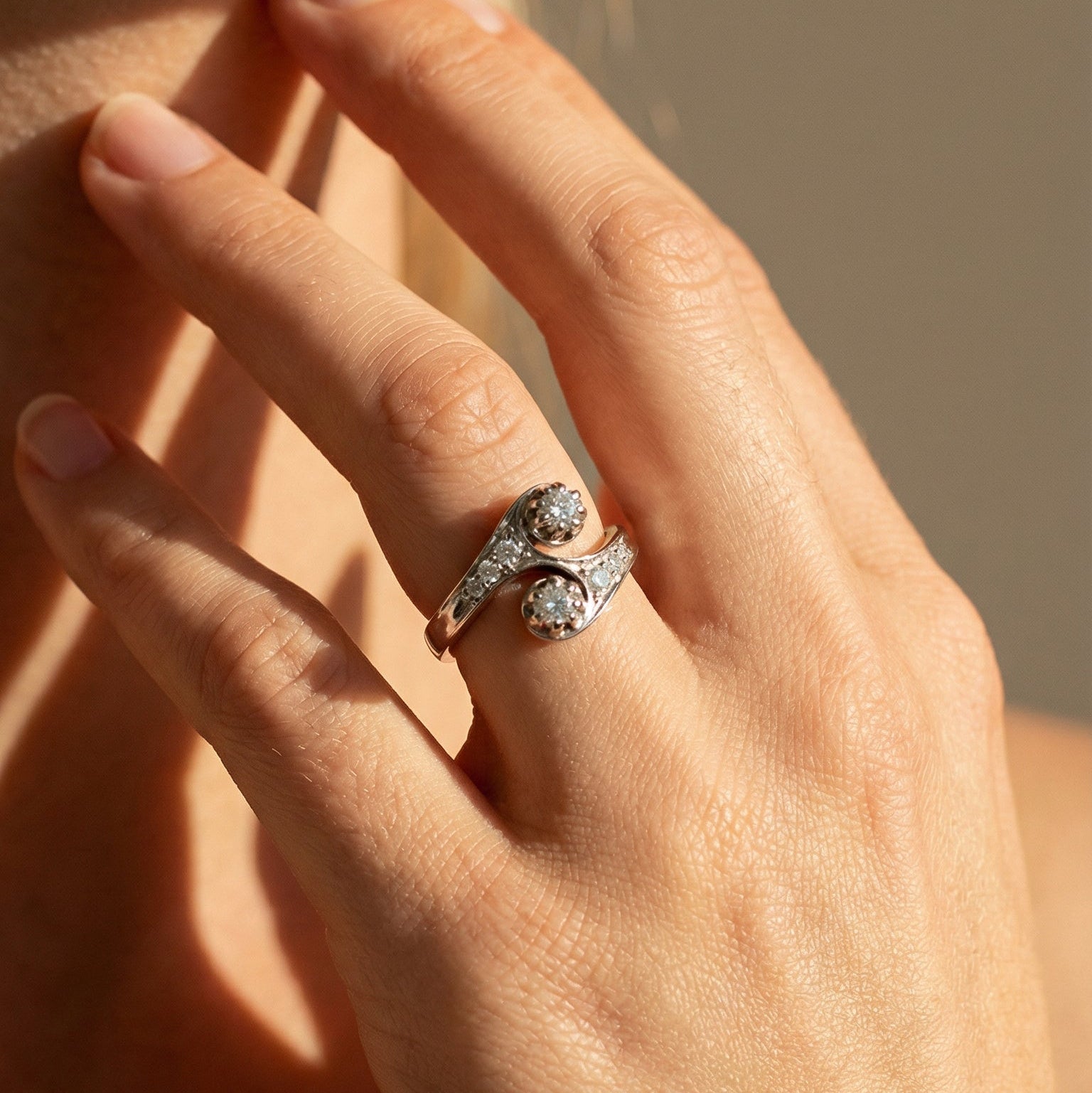 Vintage Toi - et - Moi Diamantring aus 585 Weißgold – Größe 51,5 - Honey Jewelry