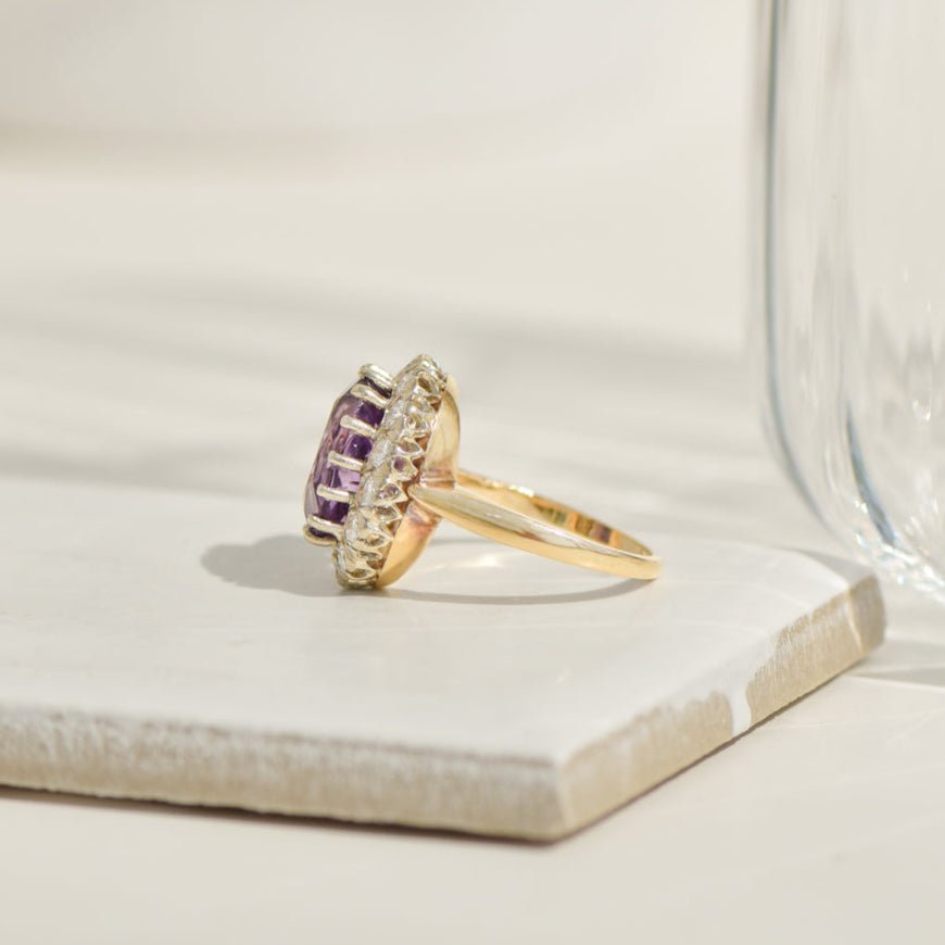 Antiker Edwardian - Ring aus 14K Gelbgold mit Amethyst & Diamanten – Eleganz aus einer anderen Zeit - Honey Jewelry