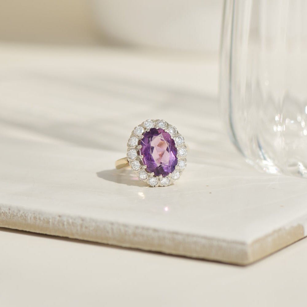 Antiker Edwardian - Ring aus 14K Gelbgold mit Amethyst & Diamanten – Eleganz aus einer anderen Zeit - Honey Jewelry