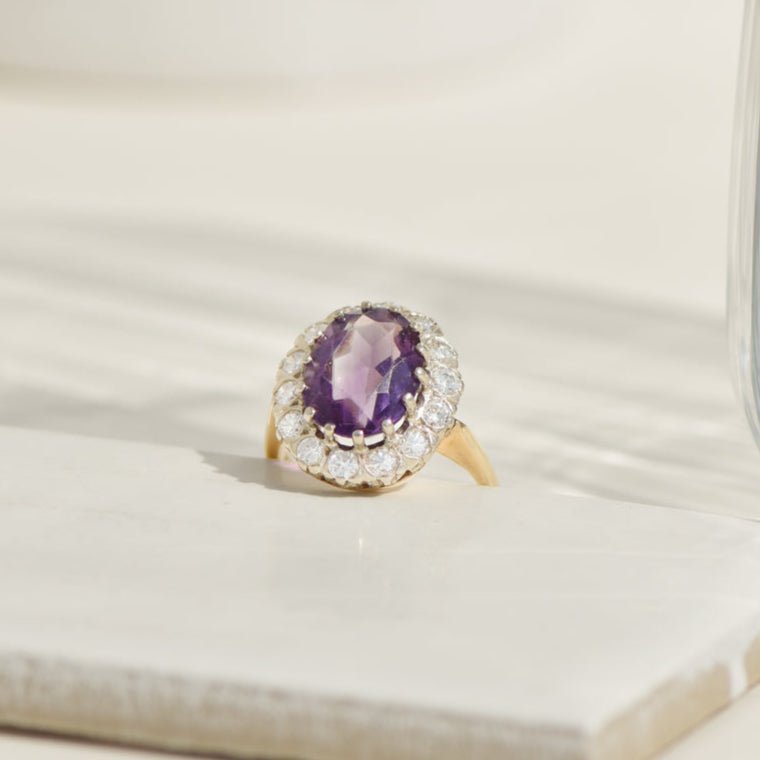 Antiker Edwardian - Ring aus 14K Gelbgold mit Amethyst & Diamanten – Eleganz aus einer anderen Zeit - Honey Jewelry