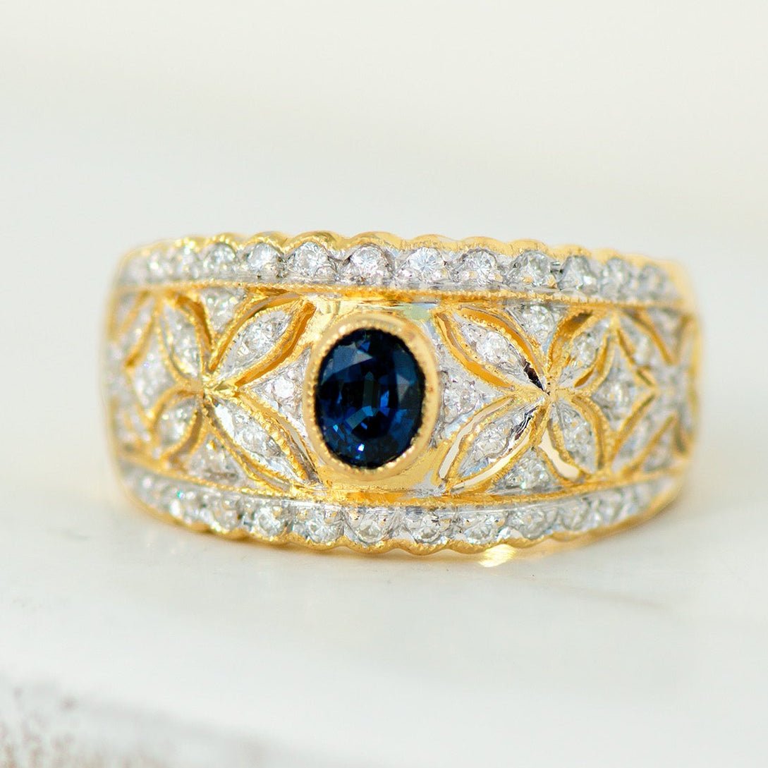 Eleganter Saphir - Diamant - Ring aus 18K Gold | Vintage Luxus - Honey Jewelry