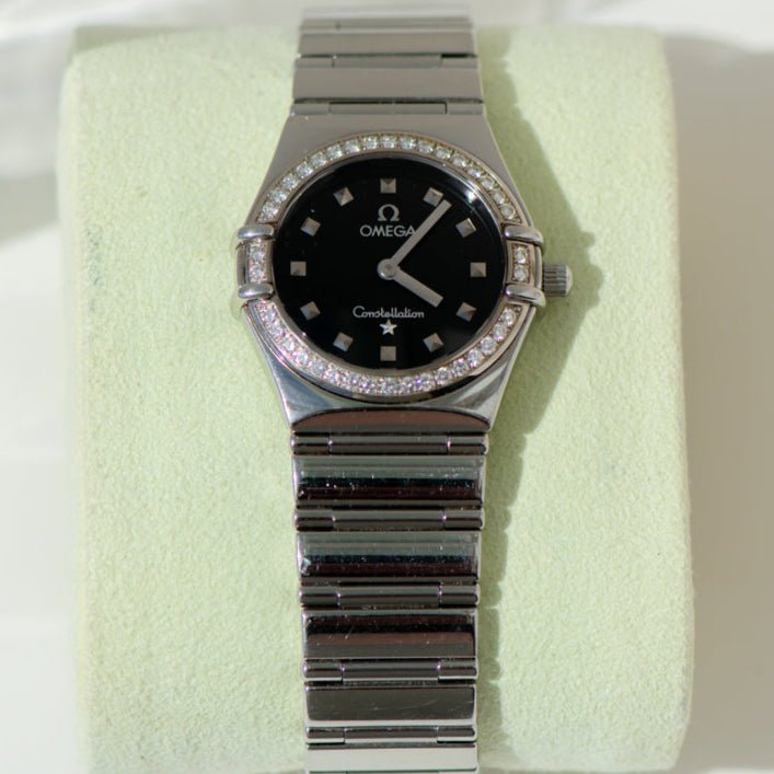 Omega Constellation Damen – Edelstahl mit Diamantlünette & schwarzem Zifferblatt - Honey Jewelry
