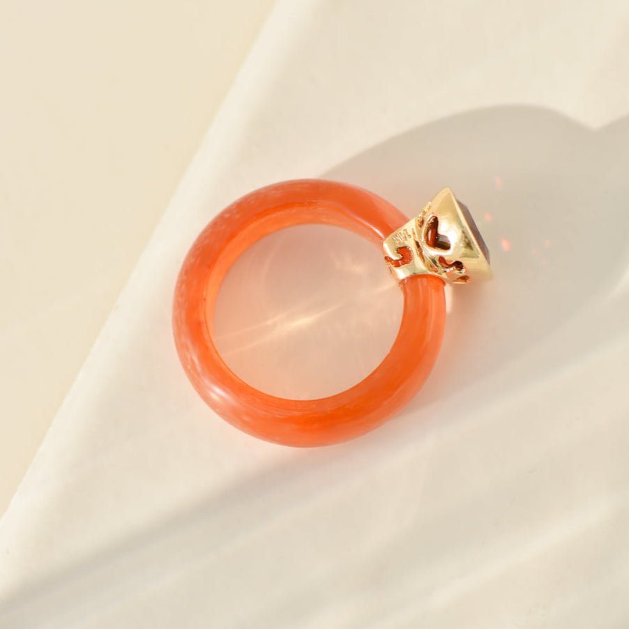 Vintage - Ring aus Carneol mit Granat & Goldfassung – Größe variabel - Honey Jewelry