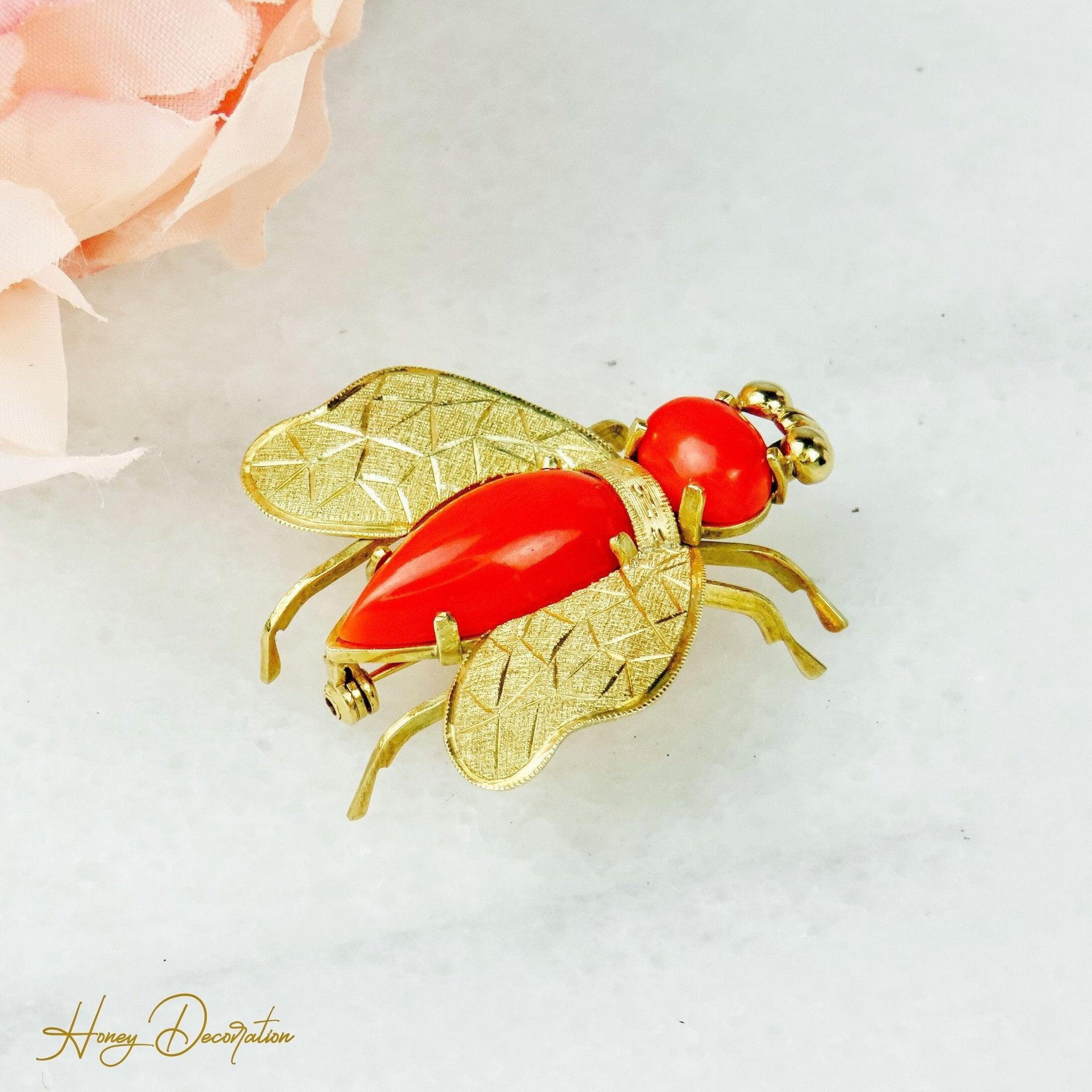 Prächtiger Bienen - Anhänger aus 18 Karat Gold mit Koralle - Honey Jewelry