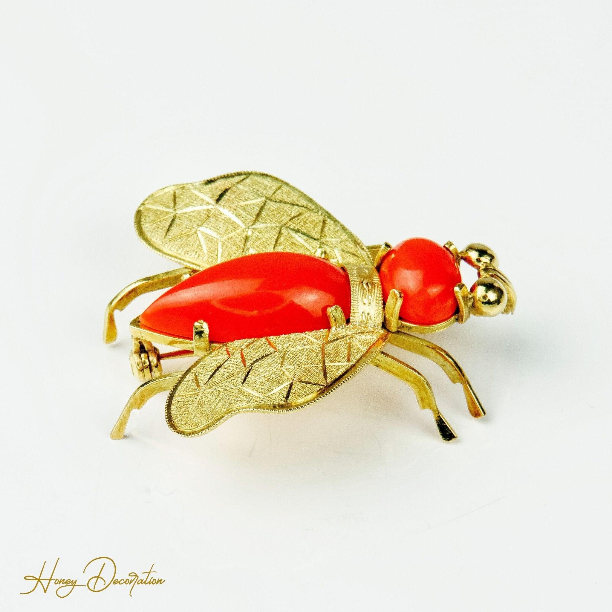 Prächtiger Bienen - Anhänger aus 18 Karat Gold mit Koralle - Honey Jewelry
