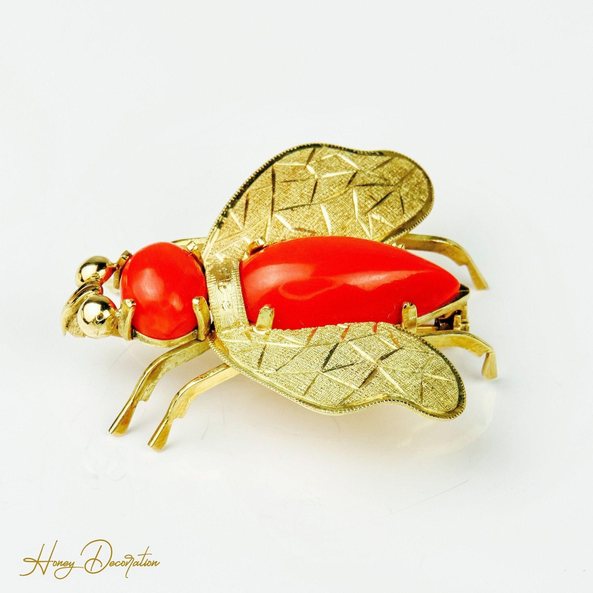 Prächtiger Bienen - Anhänger aus 18 Karat Gold mit Koralle - Honey Jewelry