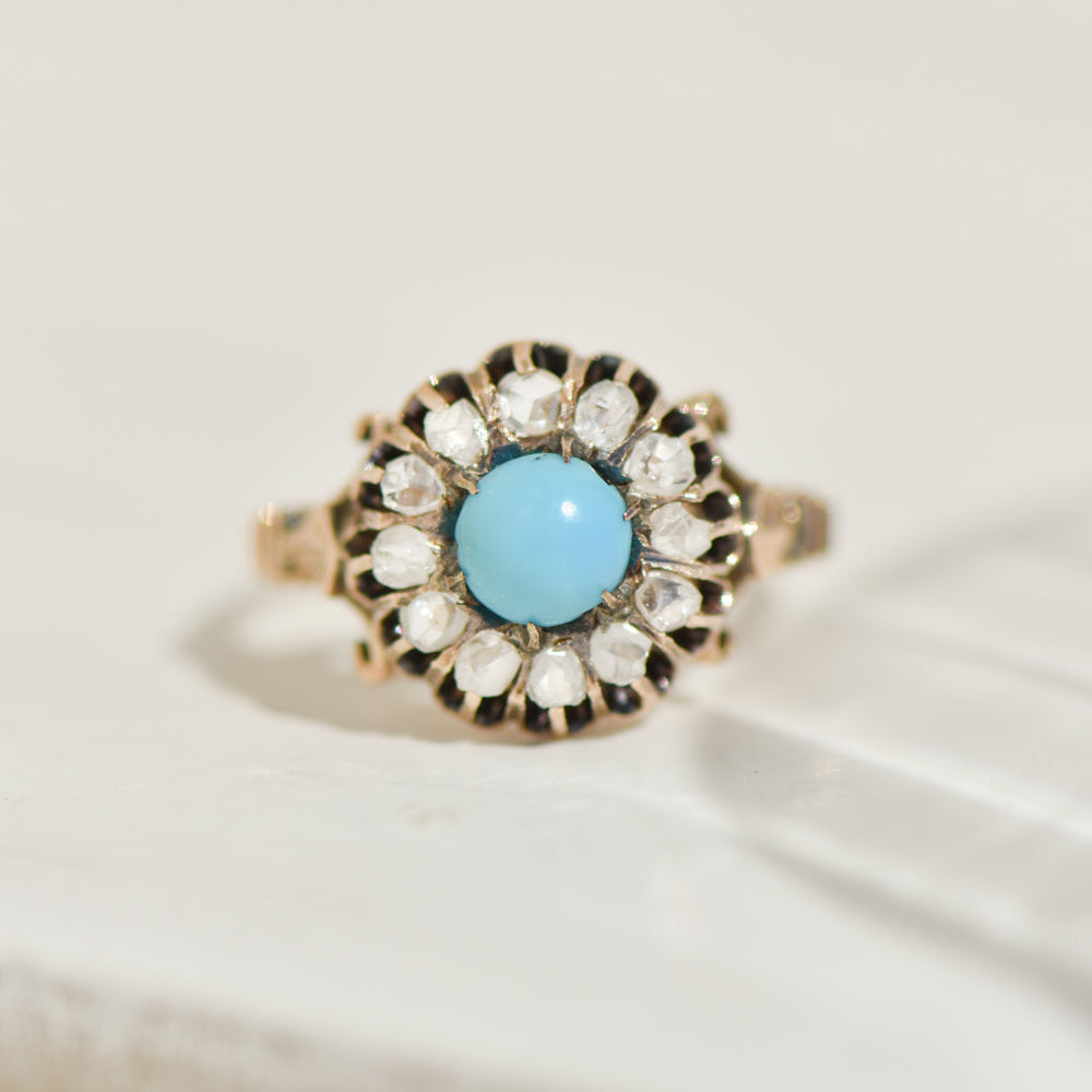 Antique 14K yellow gold ring with rose-cut diamonds and turquoise – Biedermeier romance at its finest