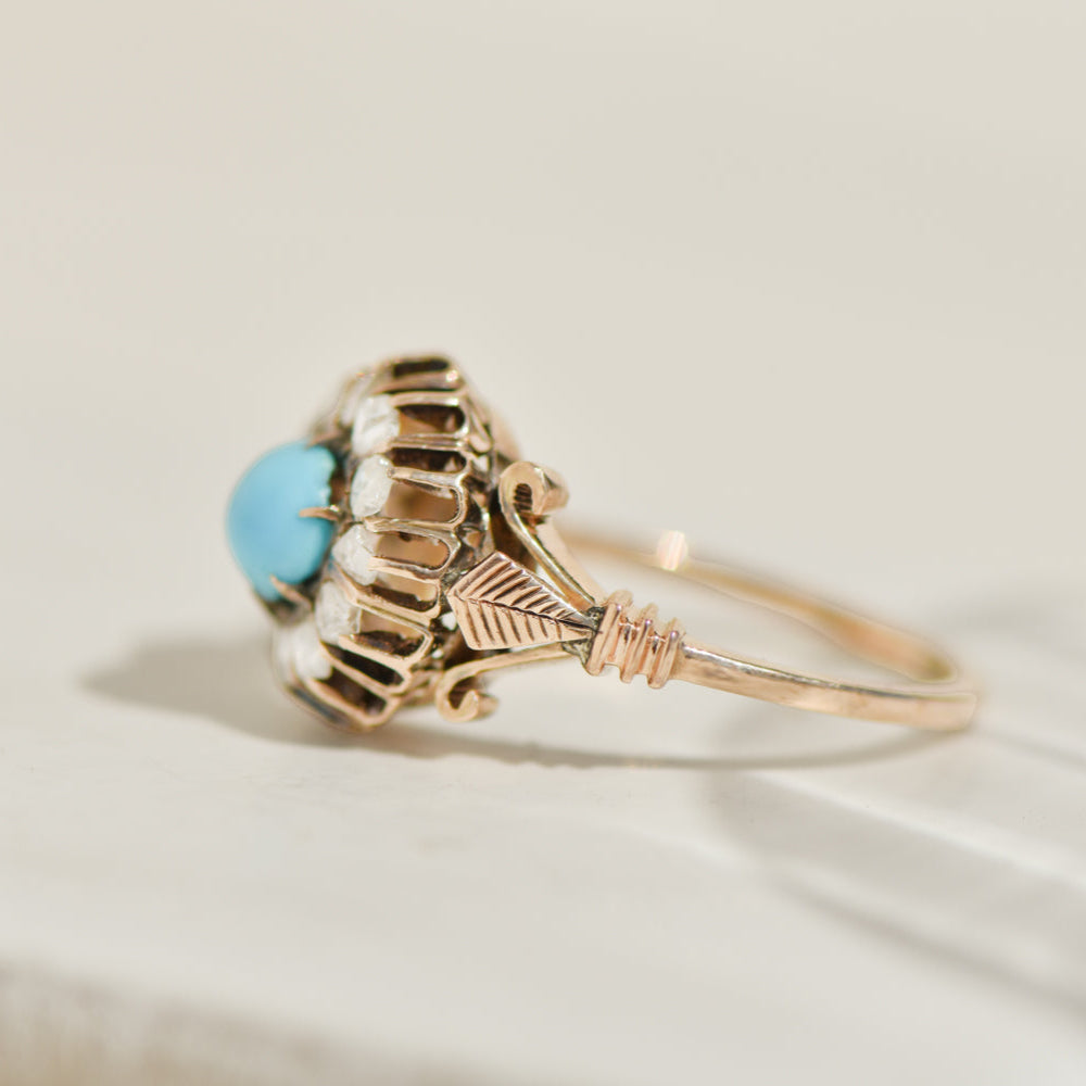 Antique 14K yellow gold ring with rose-cut diamonds and turquoise – Biedermeier romance at its finest