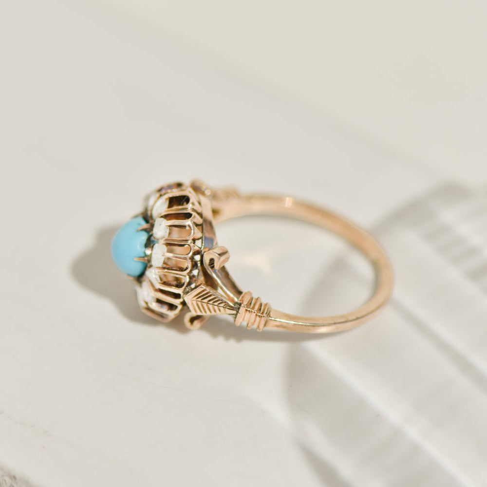 Antique 14K yellow gold ring with rose-cut diamonds and turquoise – Biedermeier romance at its finest
